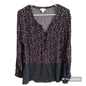 J.‎ Jill Black & Pink Floral Polka Dot Mixed Print Long Sleeve Blouse Size Large